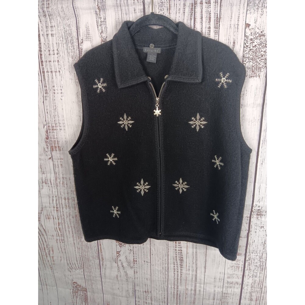 Tally-Ho Vest Women’s XL Black 100%  Wool Collared Full-Zip Snow Flakes